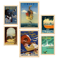 POSTER Set Mit 6 Land Und Städte Vollfarbige Illustrationen Von Vintage Tourismus Werbetafeln Aus Der Ganzen Welt A3 & A4 Rahmen Aus Hellem Holz - Beige, Papier (29/3cm) - Nacnic
