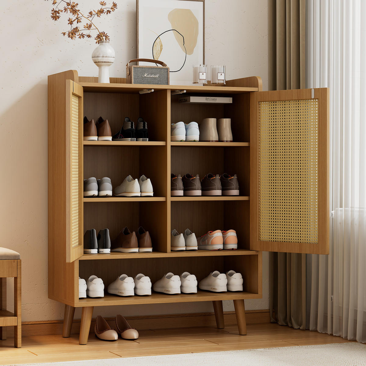 SCHUHSCHRANK aus natürlichem Rattan, Für Flur und Eingangsbereich, Eiche hell - Sonoma Eiche, Holzwerkstoff (80/105/35cm) - Urban Meuble