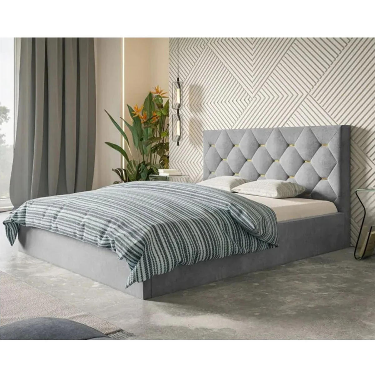 POLSTERBETT SIM 4 mit Kopfteil, 140 x 200 cm mit Bettkasten und Lattenrost aus Holz, Velourstoff, Farbe: Hellgrau - Hellgrau, Holz/Kunststoff (140/200cm) - Sepro Meble