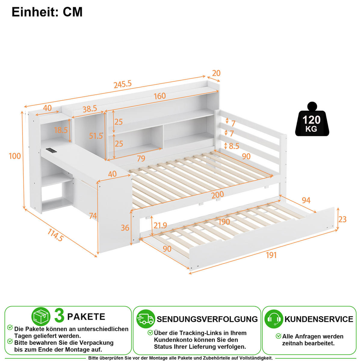 SCHLAFSOFA 90/200 cm in Weiß mit Ausziehbett, Regal und USB - Weiß, Holz/Holzwerkstoff (90/200cm) - CHICFURN
