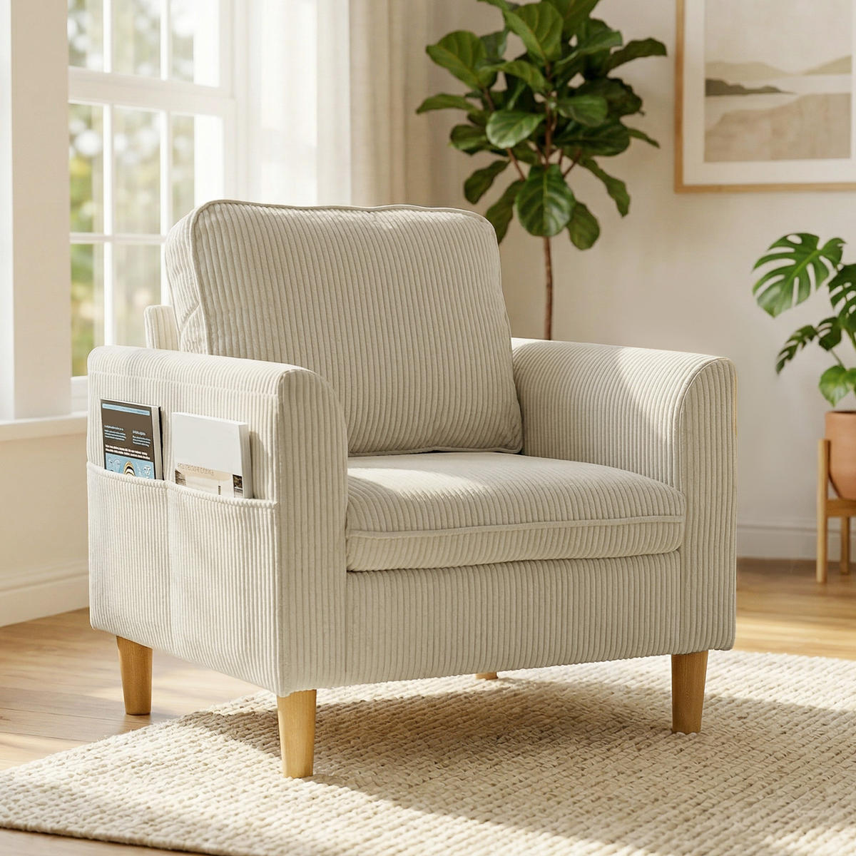 SESSEL DE-13500 1-Sitzer mit Federkern, Kordelsamt Beige - Beige, Textil (74/87/83cm) - ComfortXL