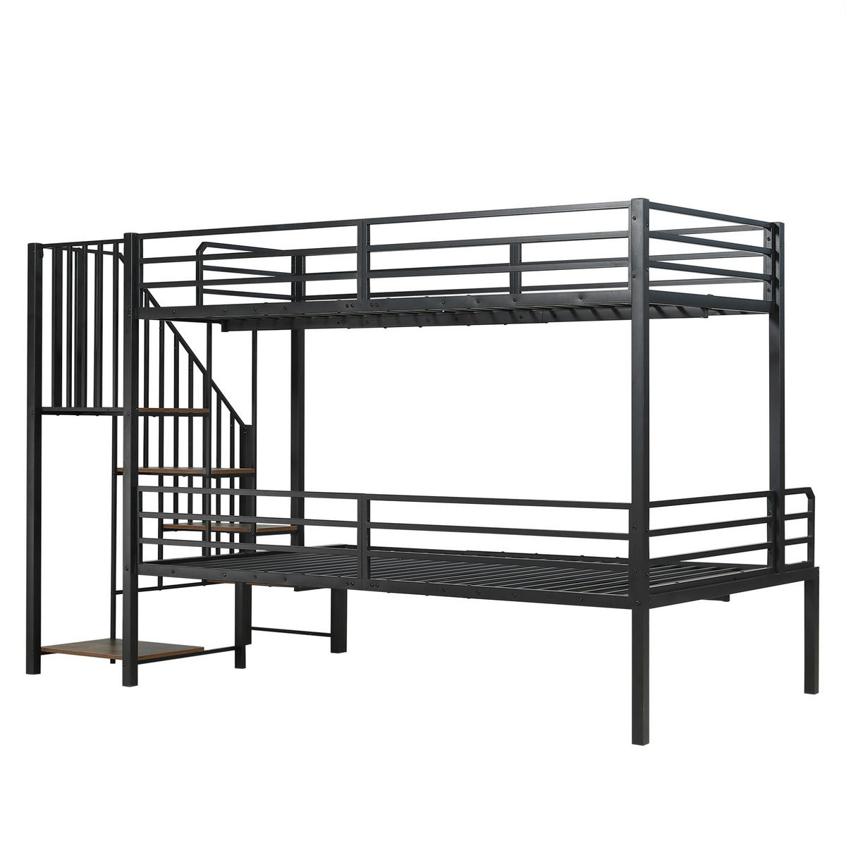 ETAGENBETT aus Metall und MDF 90/120x200 cm Schwarz/Vintage-Holzfarbe mit Eckleiter, Stauraum und Sicherheitsgittern - Schwarz, Holzwerkstoff (90/200cm) - Modfu