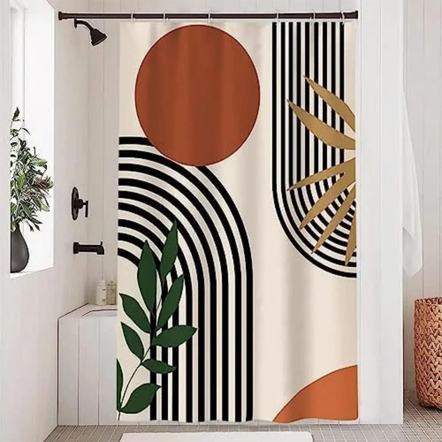 DUSCHVORHANG 120 x 180 cm Terrakotta Schwarz geometrisch modern minimalistisch schimmelresistent wasserdicht waschbar - Orange, Textil (180/120cm) - MCBOSON