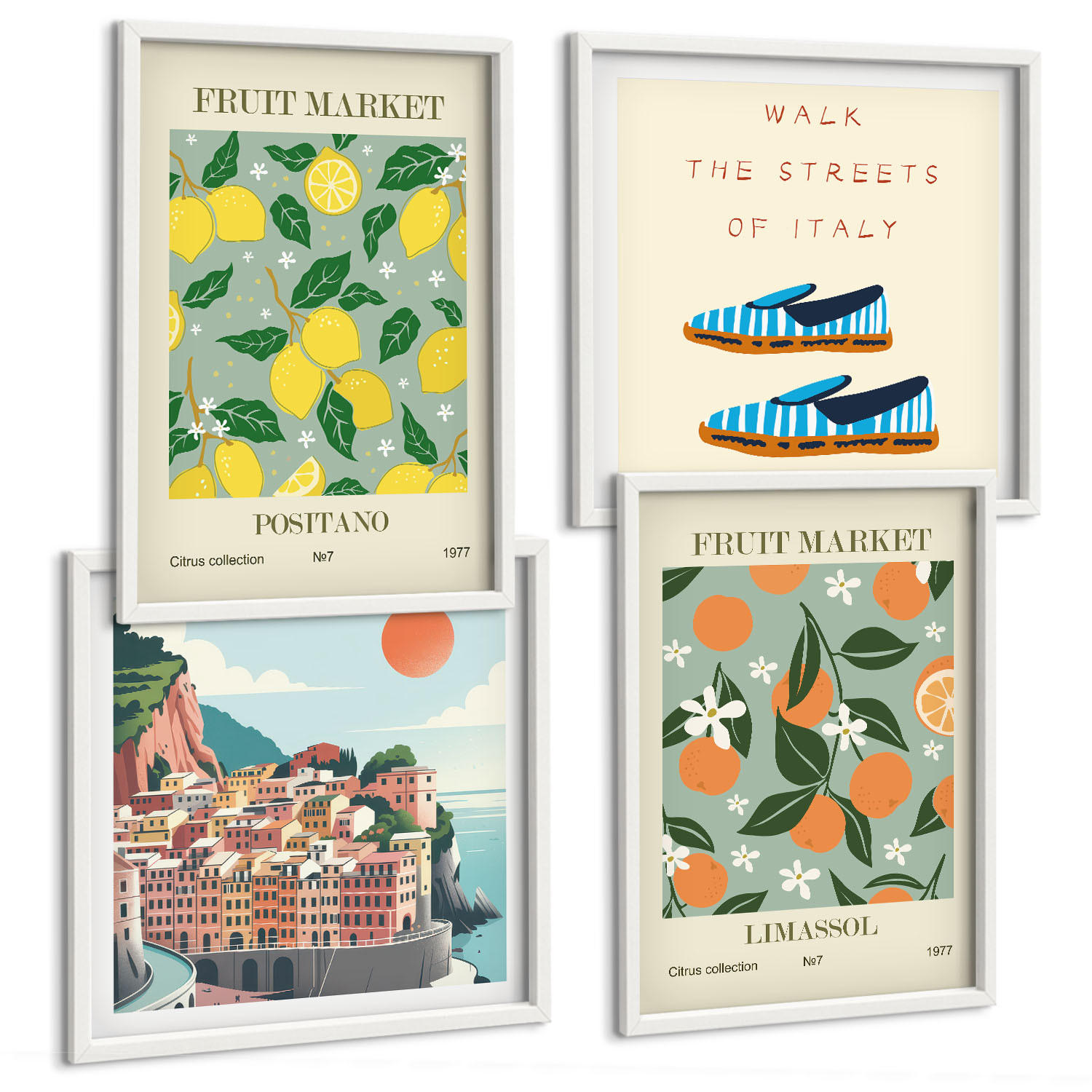 BILDER SET 4er Set - 50x50 cm & 40x60 cm Weißer Rahmen - Fruchtmuster der italienischen Kultur - Weiß, Kunststoff (50/50cm) - TULUP