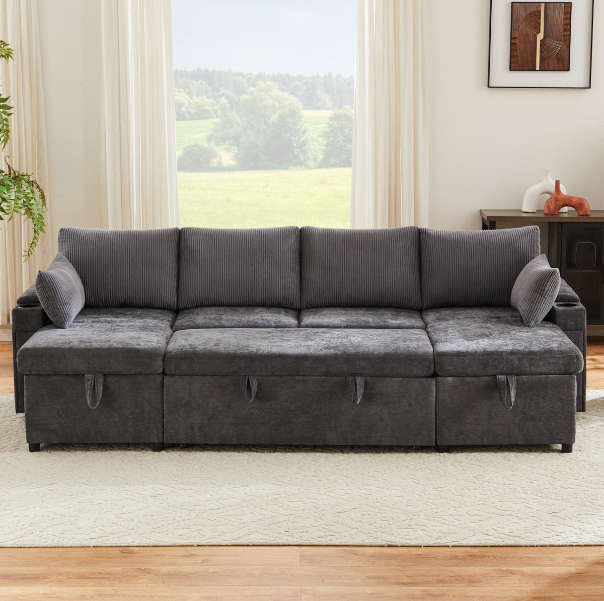 SCHLAFSOFA aus Chenille & Cord 272x131x84 cm in Grau mit Stauraum & Getränkehaltern - Grau, Textil (272/84/131cm) - Modfu