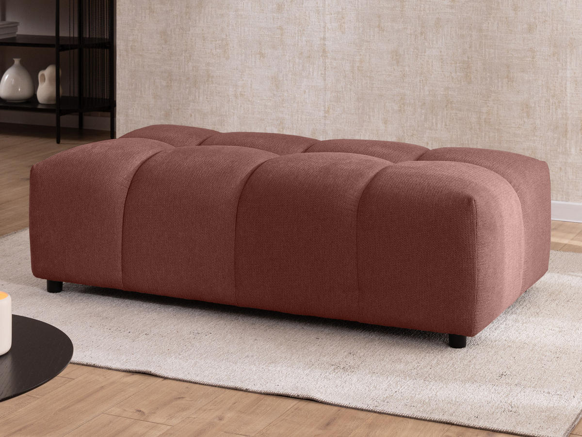 ECKSOFA inkl. Hocker Bubble mit Schlaffunktion und losen Rückenkissen, Sitzfläche Bubble-Optik aus weichem Terrakotta Strukturstoff - Ottomane Links - Terracotta/Schwarz, Holz/Kunststoff (180/306cm) - S-Style Möbel