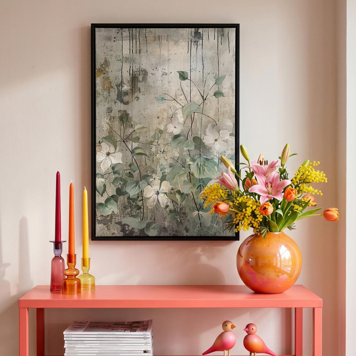 LEINWAND Bilder mit Rahmen - Blumen - Blätter - Abstrakt - Modern - 40x60 - Grau, Textil (40/60cm) - MuchoWow