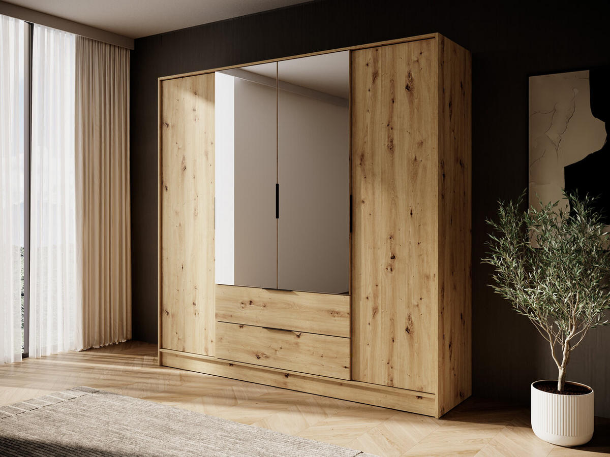 KLEIDERSCHRANK mit Spiegel 206 cm Kalma, 4 Türen, 2 Schubladen, Eiche Artisan - Eiche Artisan, Holz (206/200/51cm) - Emporius