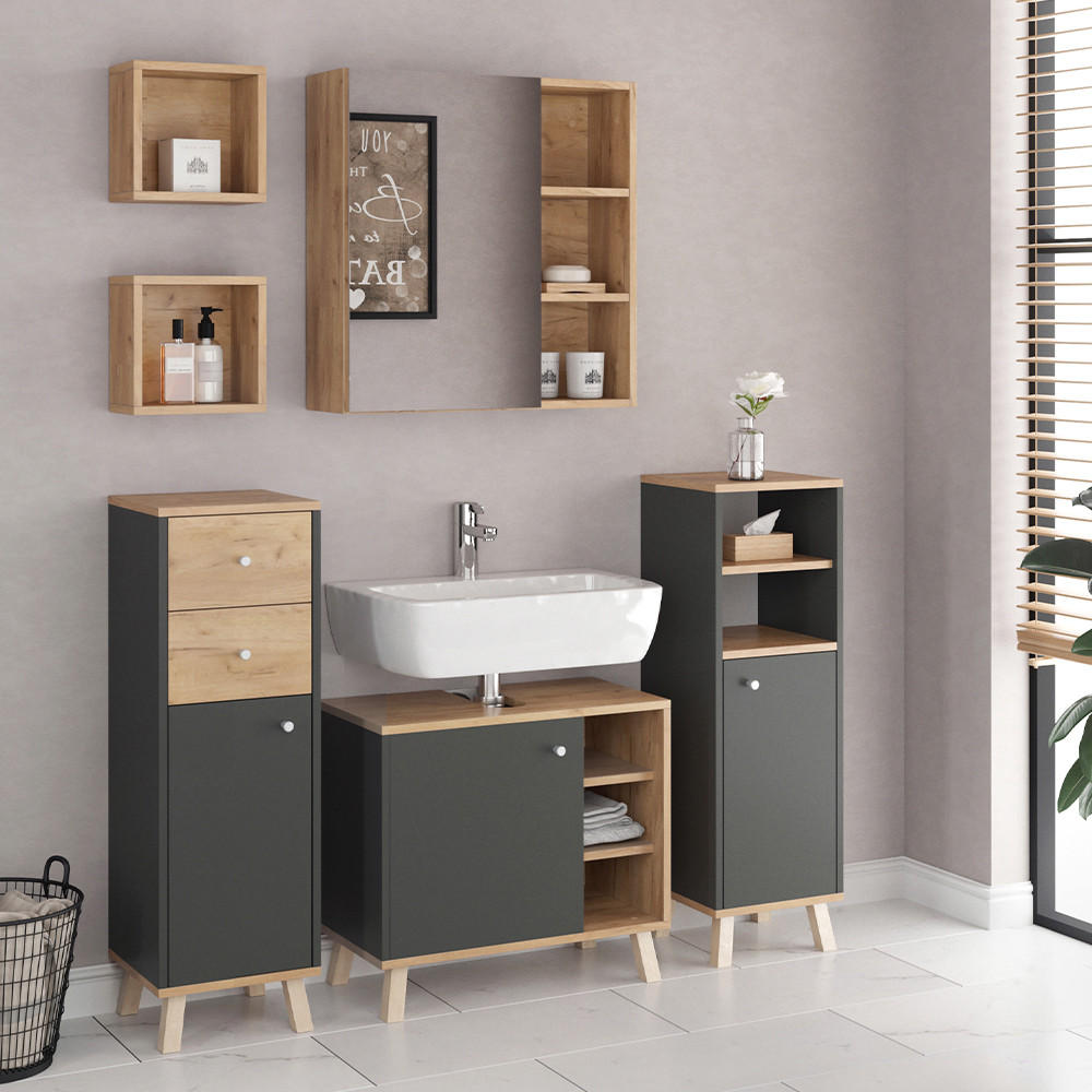 BADMÖBEL-SET Senyo Anthrazit 5 Teile, mit Regalen - Honigeiche/Anthrazit, Holzwerkstoff (62/54/32cm) - Vicco