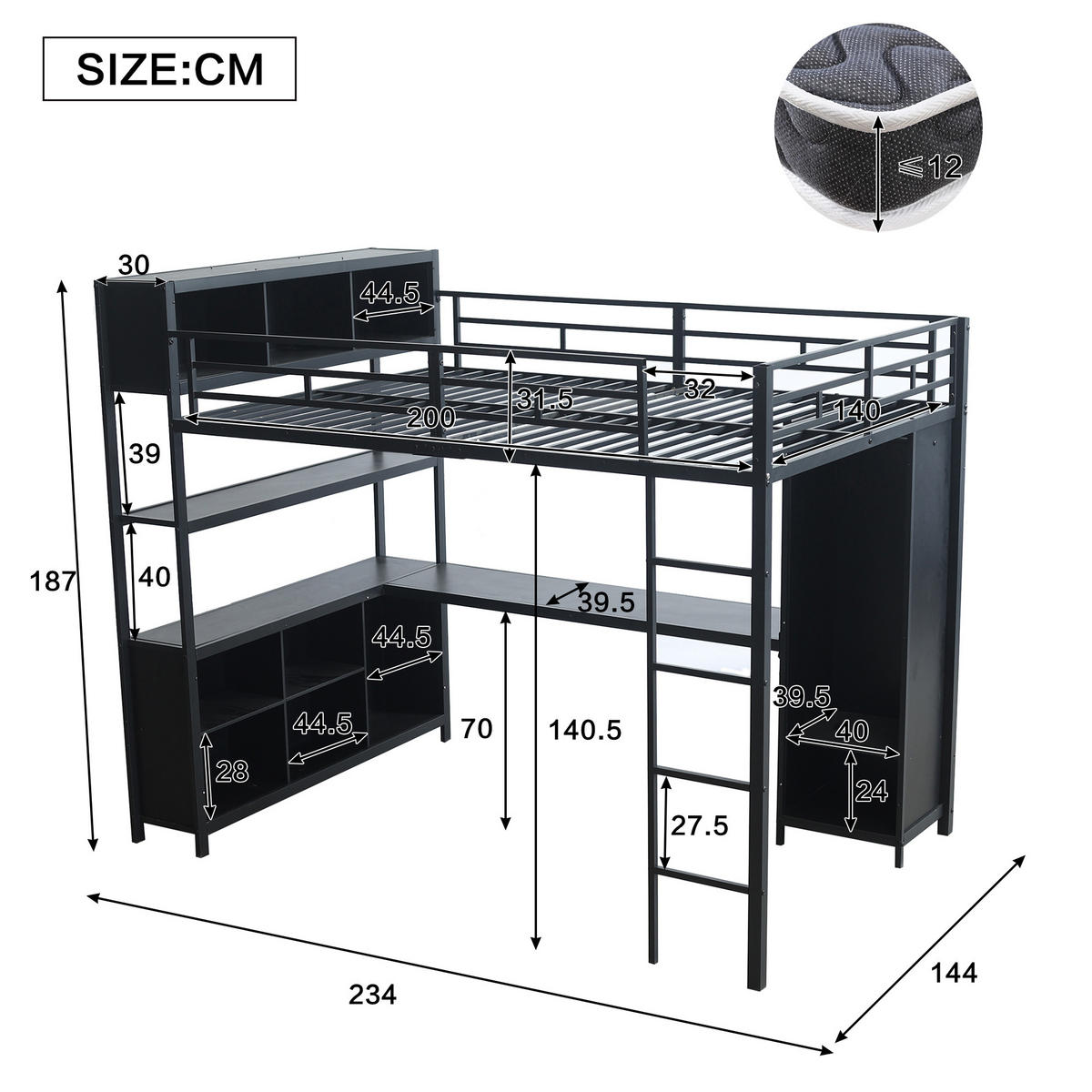 HOCHBETT mit Schreibtisch 140/200 cm in Schwarz – mit Kleiderschrank und Stauraum - Schwarz, Metall (90/200cm) - BEAOK