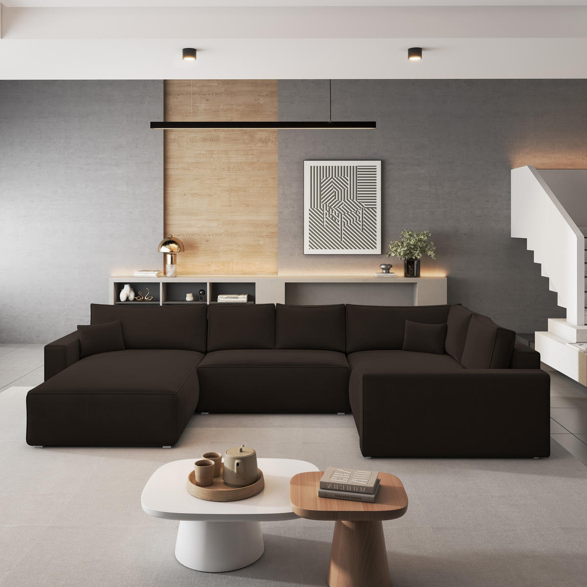 ROHOVÁ SEDAČKA VELAMI hnědá - šedá/hnědá, dřevo/textil (365/194cm) - MASSENO