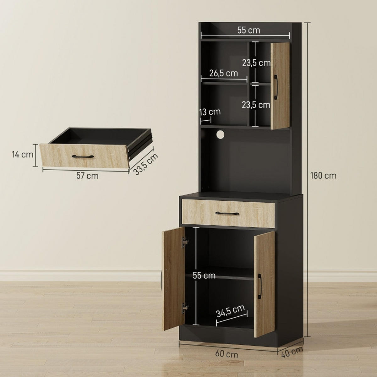 SIDEBOARD Arbeitsplatte, Schublade, offene Regale, Natur-Schwarz - Schwarz, Holz (60/180/40cm)