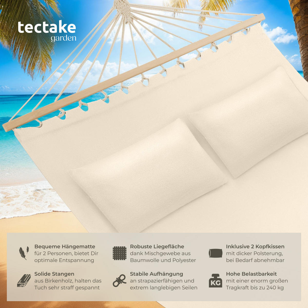 HÄNGEMATTE Eden,230 x 145 cm,beige - Beige, Kunststoff (150/2.5/325cm) - tectake