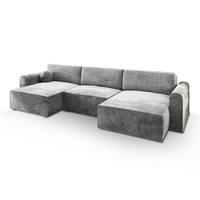 WOHNLANDSCHAFT FENTO M Hellgrau Velours-Stoff mit Schlaffunktion - Hellgrau, Holz (347/90/148cm) - MASSENO