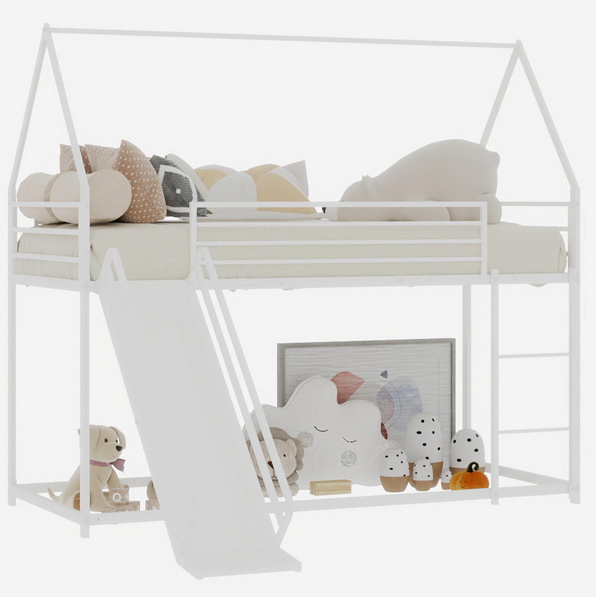 ETAGENBETT 90/200 cm weiß aus Eisen mit Rutsche und Leiter - Weiß, Metall (90/200cm) - OKWISH
