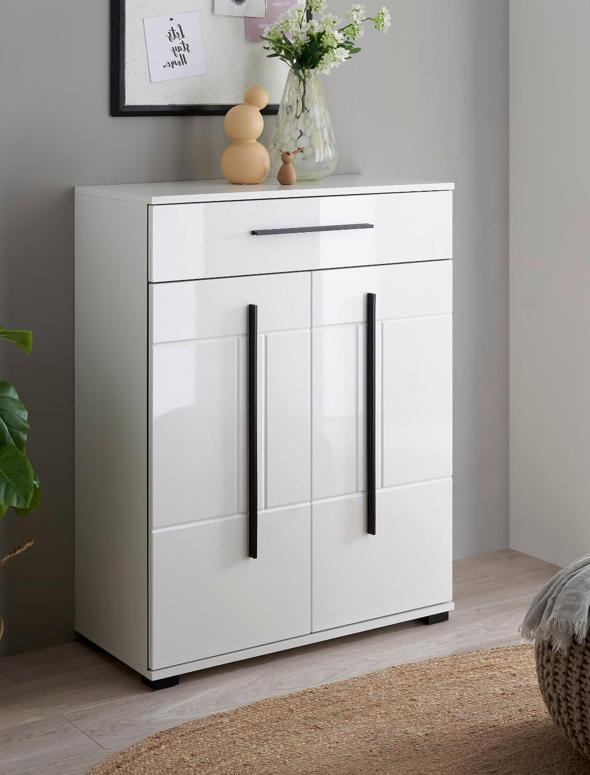 SCHUHSCHRANK weiß Hochglanz 80 x 103 cm, Kommode mit Soft-Close - Weiß Hochglanz/Schwarz, Holzwerkstoff/Kunststoff (80/103/39cm) - Furn.Design