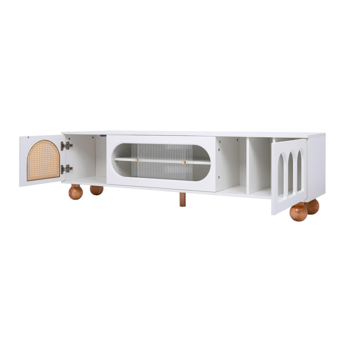 TV-LOWBOARD aus Spanplatte 170x47x37 cm Weiß mit Glasschiebetür, Rattan-Optik und sanft schließenden Türen - Weiß, Holzwerkstoff (170/37/47cm) - Modfu