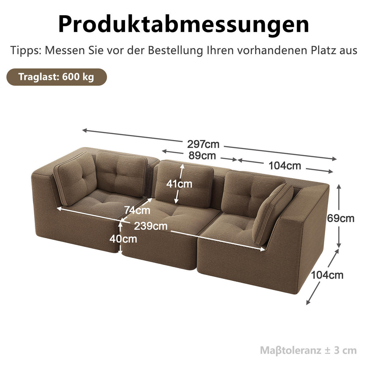 3-SITZER-SOFA DE-34220 mit Tiefsitz Braun - Braun, Textil (104/69/297cm) - ComfortXL
