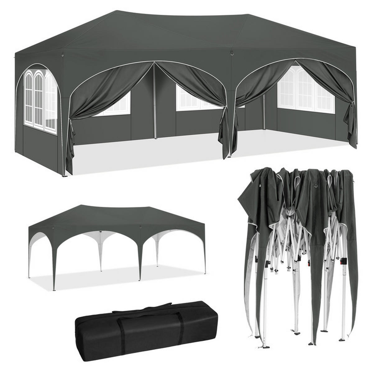 FALTPAVILLON –Grau– 3×6 m, UV-beständig und wasserdicht, mit 6 Seitenteilen - Grau, Metall (293/265/583cm) - Kaket