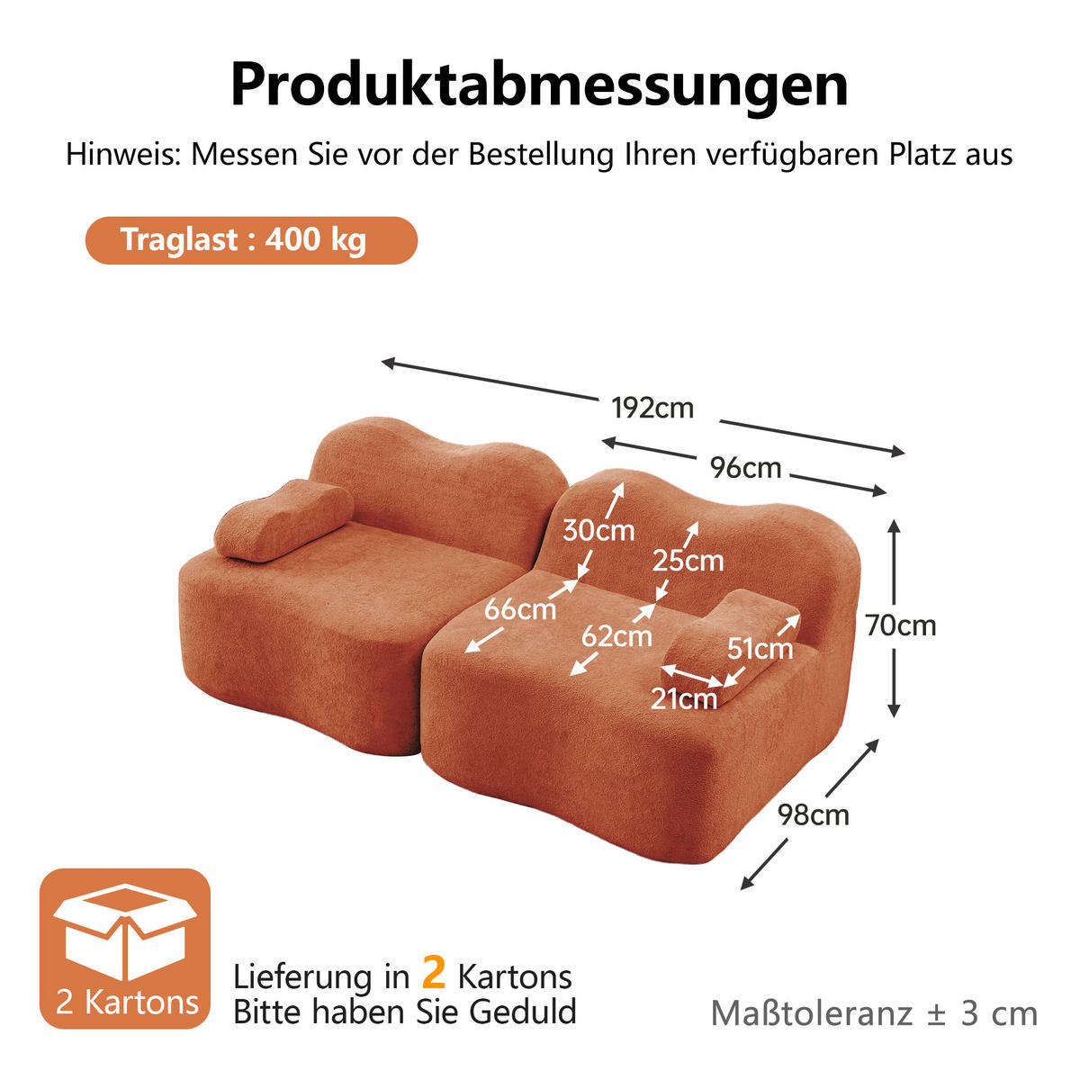 2-SITZER-SOFA DE-34348 mit Armlehnenkissen Orange - Orange, Textil (98/70/192cm) - ComfortXL