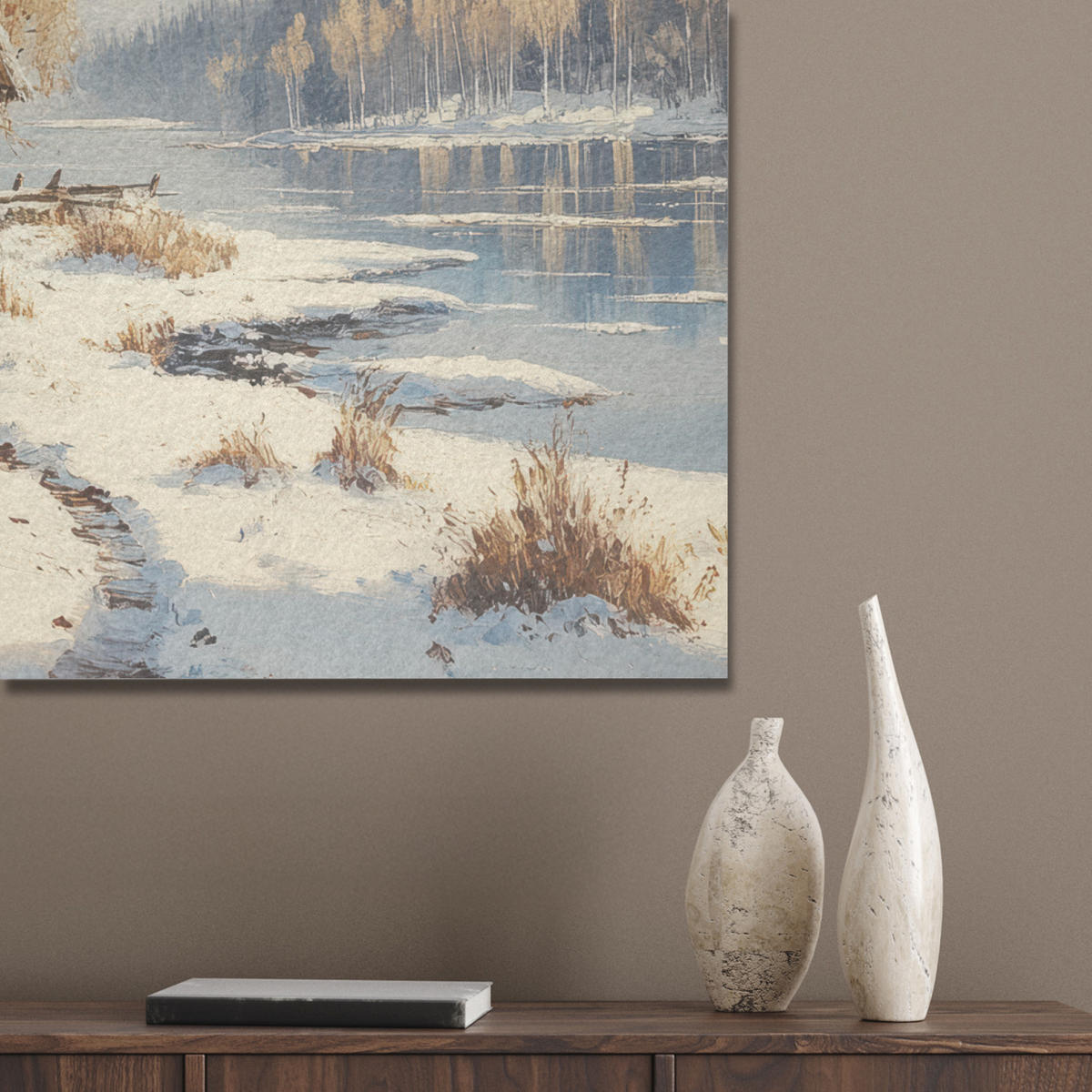 AKUSTIKBILD Winter - Schnee - Zuhause - Natur Akustikpaneele 80x80 cm - Hellbraun, Kunststoff (80/80/0.9cm) - MuchoWow