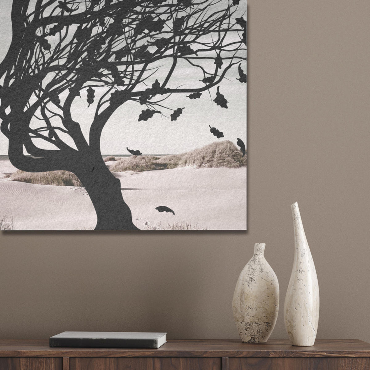 AKUSTIKPANEEL Strand - Meer - Menschen - Baum - Moderne Kunst 80x60 cm - Hellgrau, Textil (80/0.9/60cm) - MuchoWow