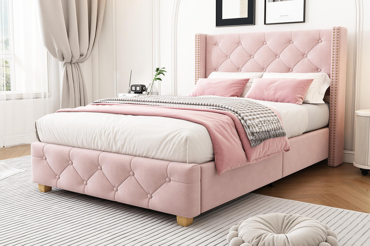 POLSTERBETT 90/200 cm Pink aus Samt mit Lattenrost - Rosa, Textil (90/200cm) - OKMYHOME
