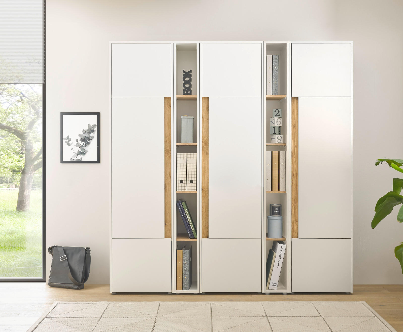 AKTENSCHRANK Set 5-teilig weiß matt, Eiche Wotan 190 x 200 cm, Schrank-Regal-Kombination mit 25 Fächern - Eichefarben/Silberfarben, Holz/Holzwerkstoff (190/200/40cm) - Furn.Design