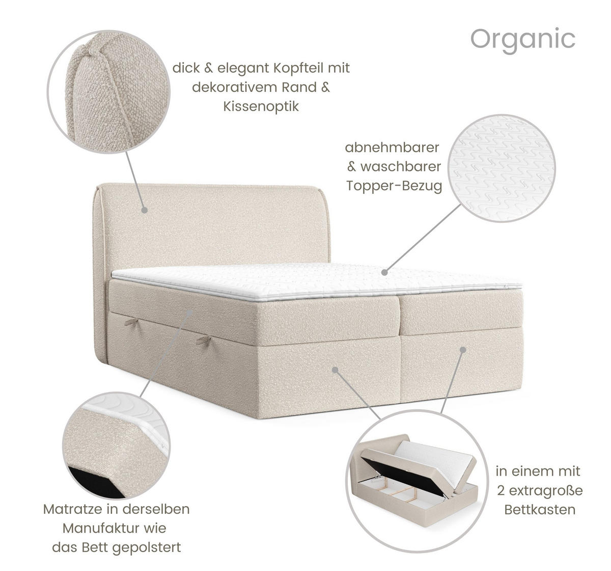 BOXBETT Organic Beige 200/200 cm mit Bonellmatratze und Topper - Beige/Schwarz, Holz/Holzwerkstoff (200/200cm) - Maison de Reve