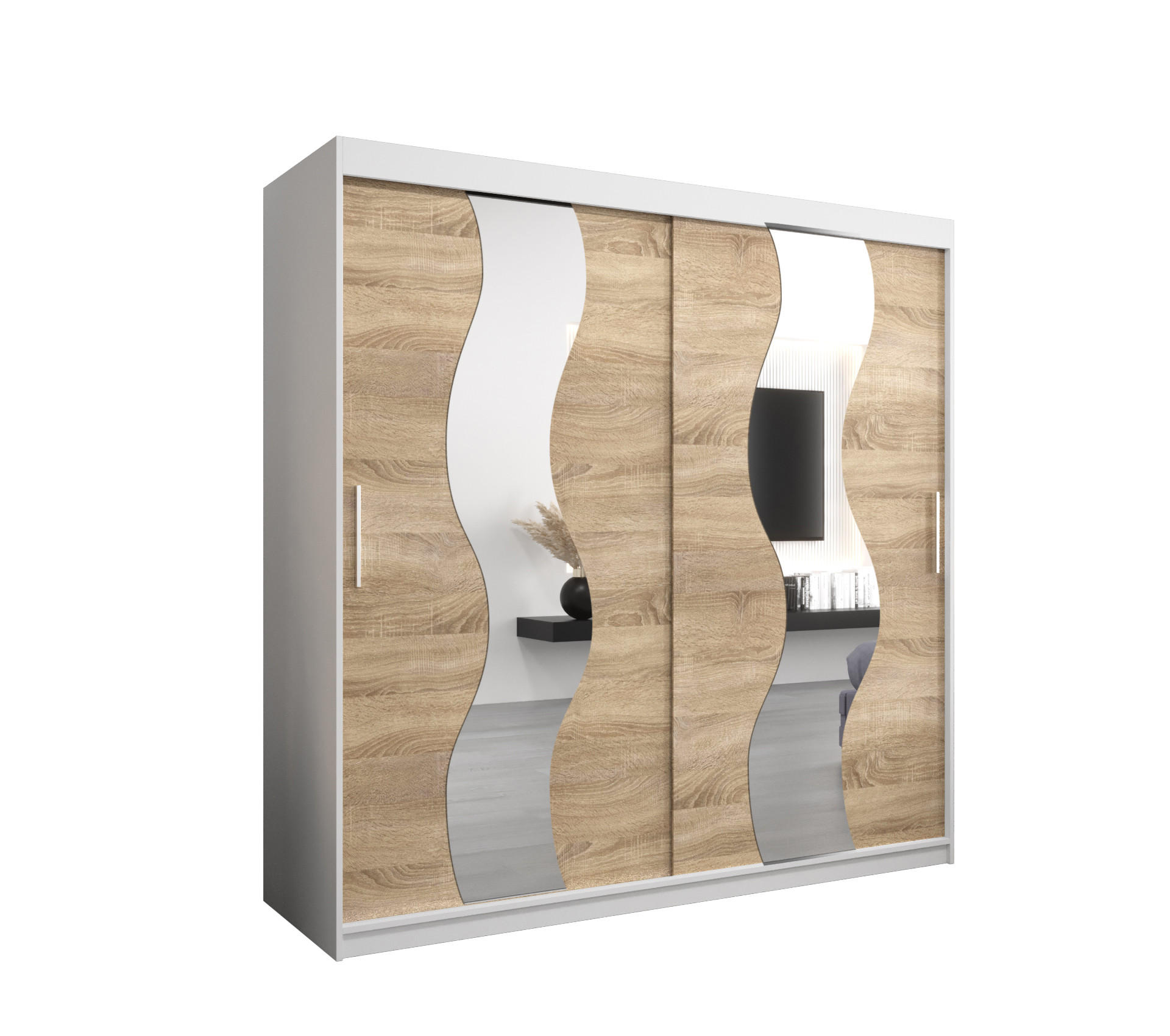 Abiks Möbel Schwebetürenschrank Weiß, Sonoma Eiche 200x200x62 cm