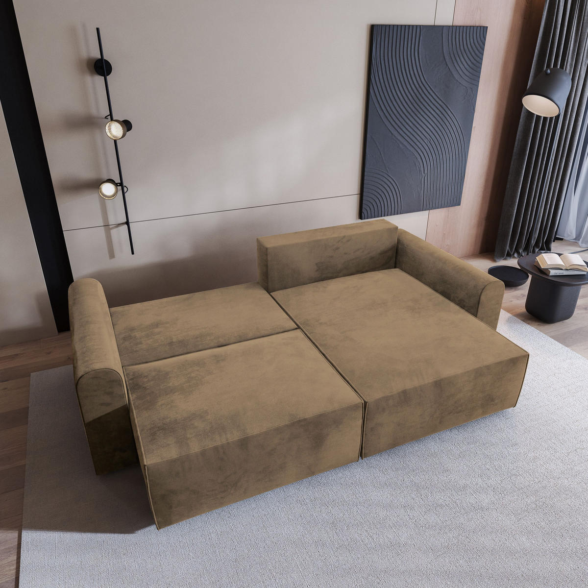 ECKSOFA FIANO M Beige Velours-Stoff mit Schlaffunktion - Beige, Holz (245/148cm) - MASSENO