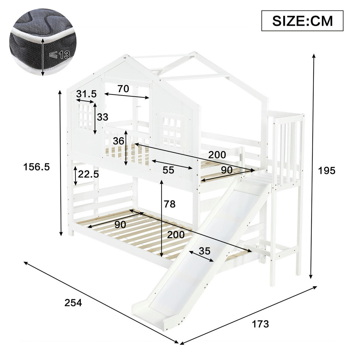 HAUSBETT 90/200 cm in Weiß mit Rutsche und Dachdesign - Weiß, Holz (90/200cm) - BEAOK