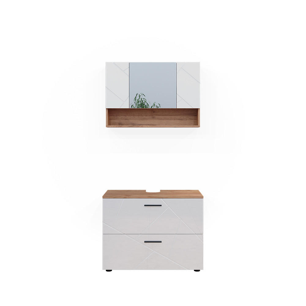 BADMÖBEL-SET Irma Weiß Hochglanz/Goldkraft Eiche 2 Teile Unterschrank 80 cm - Honigeiche/Weiß Hochglanz, Holzwerkstoff (80/58.6/41cm) - Vicco