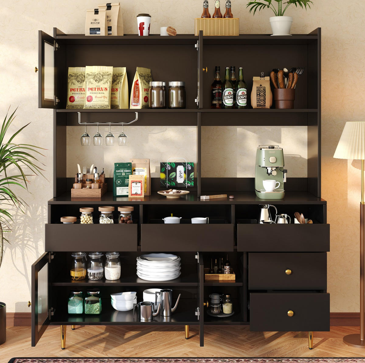 ANRICHTE Esszimmer-Hochschrank 145/39/171 cm aus MDF mit Changhong-Glastüren und Weinregal Schwarz - Schwarz, Holzwerkstoff (145/171/39cm) - Modenvie