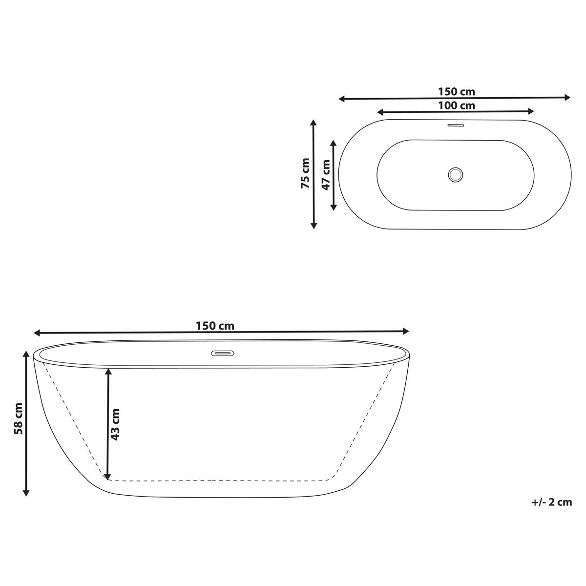BADEWANNE FREISTEHEND 75x150x58 cm schwarz Carrera - Schwarz, Kunststoff (75/58/150cm) - Beliani