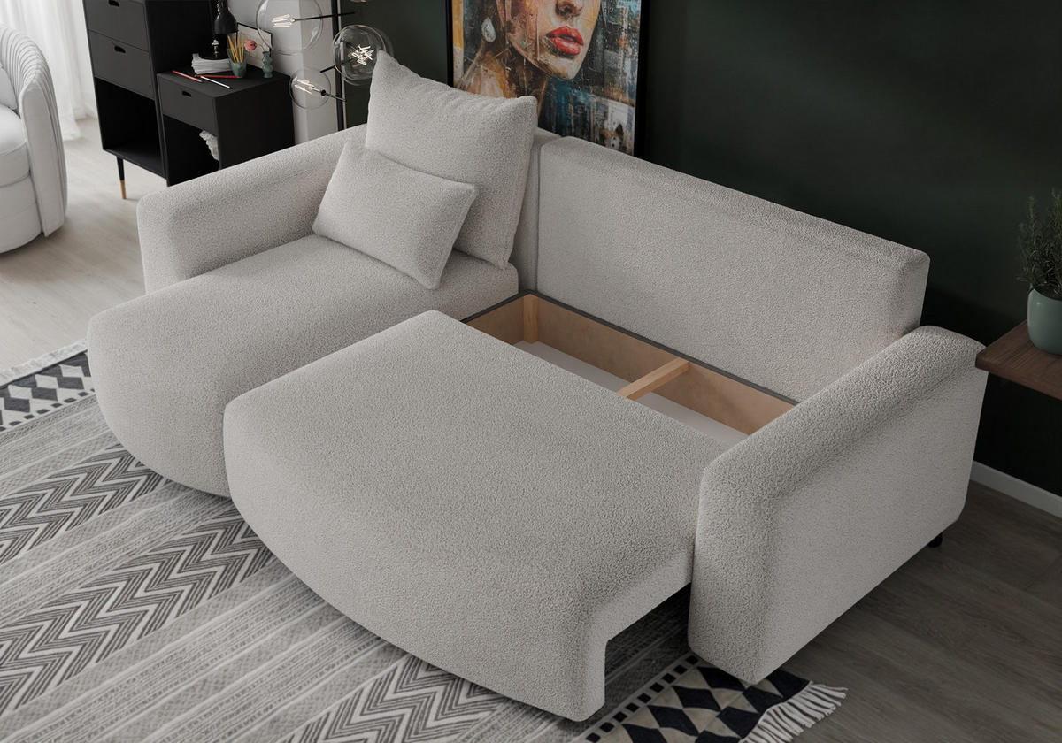 ECKSOFA Travis mit Bettkasten und Schlaffunktion, L-Form, Boucle, Universal - Beige, Holzwerkstoff (248/148cm) - 4ALL HOME