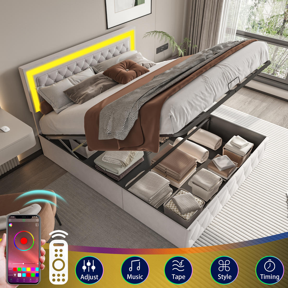 BETT 140x200 cm mit LED, Doppelbett 140x200 cm mit Bettkasten, Lattenrost, Polsterbett Skandinavisches Design, Beige Samt - Beige, Metall (140/200cm) - GENKI LIVING