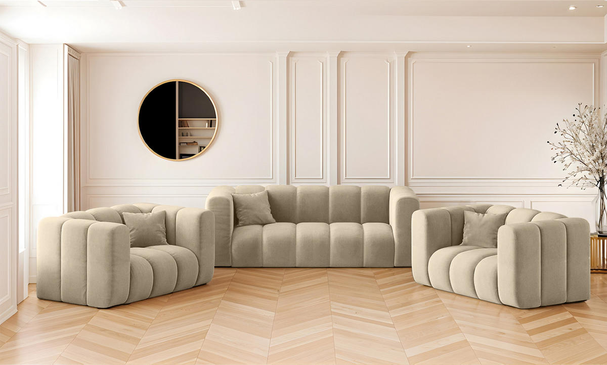 SOFAGARNITUR 2+1+1 Serie Grand Stilvol, Stoff Salvador Beige - Beige, Holz (91/70/197cm) - Kaiser Möbel