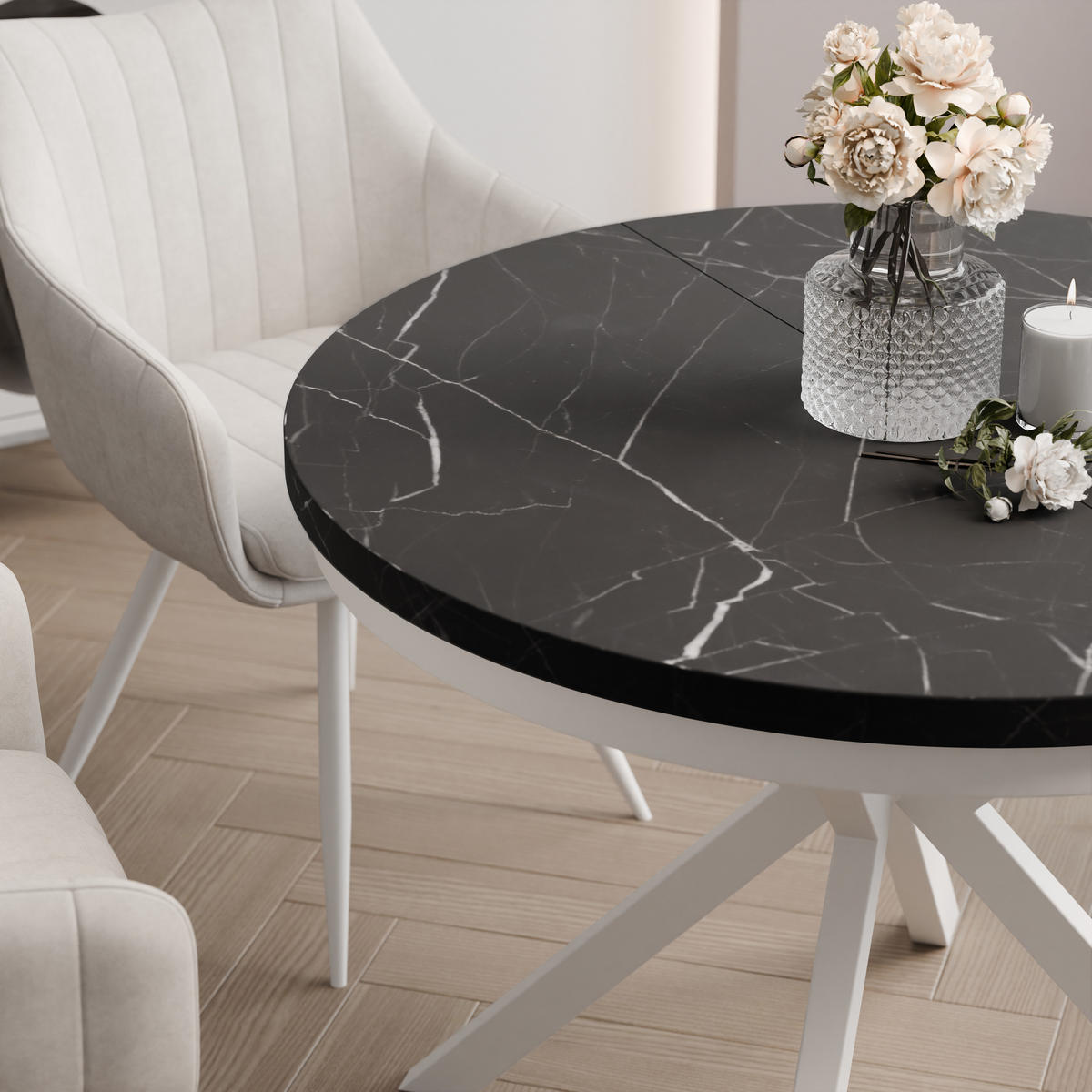 AUSZIEHTISCH MILTON 120-196/76 cm mit Metallgestell, Weiß / Grigia Pietra - Weiß/Grau, Holzwerkstoff/Metall (120/120/76cm) - Idohome
