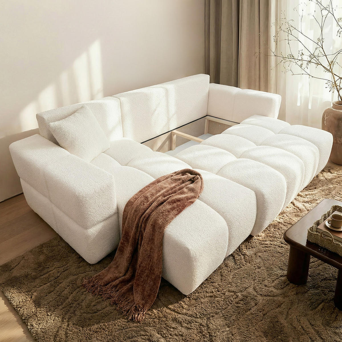 ECKSOFA BUENO mit Schlaffunktion und Bettkasten, Stoff Creme - Creme, Kunststoff/Textil (250/148cm) - Idohome