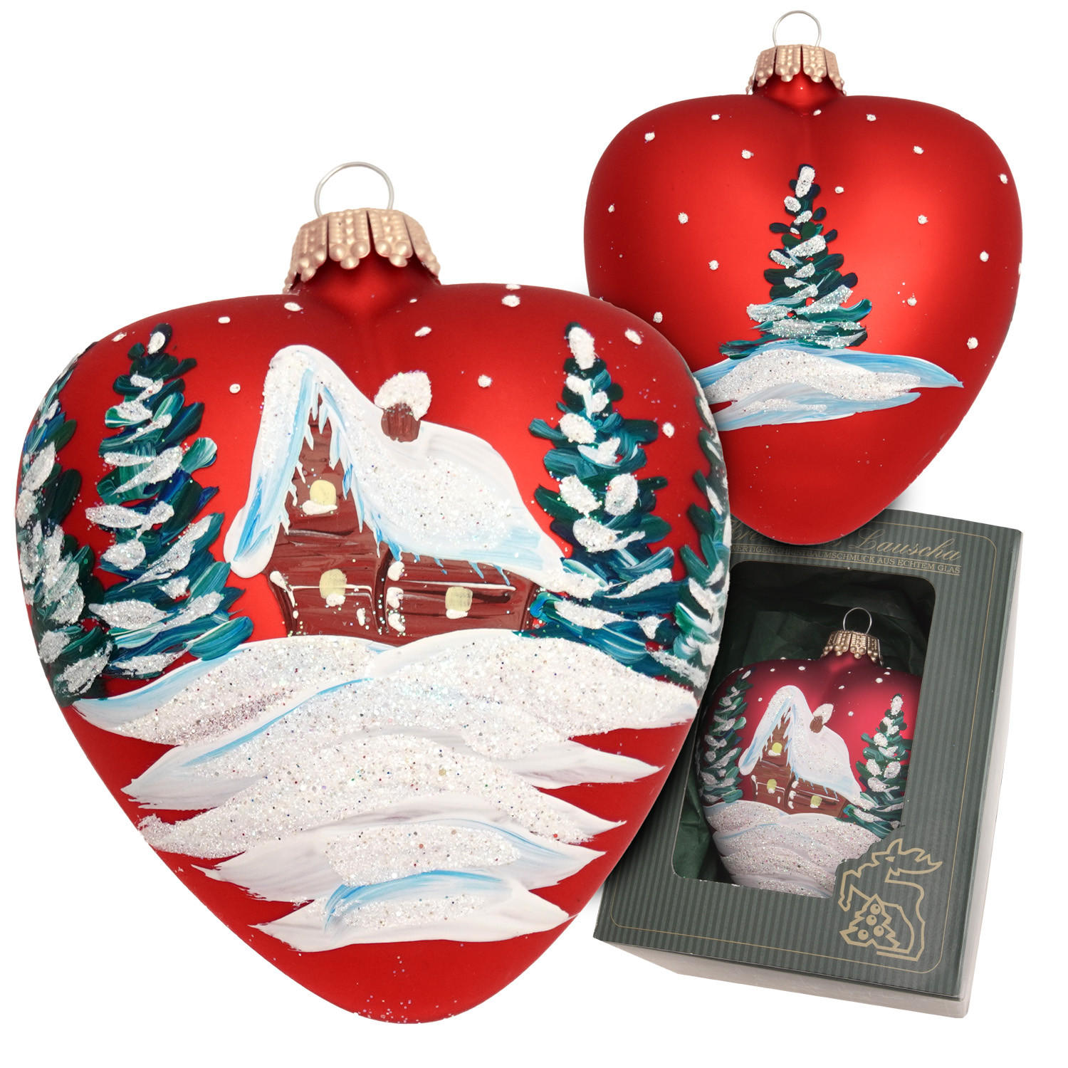 CHRISTBAUMSCHMUCK Herz mit Verschneitem Haus Rot 9cm (Glas / 1 Stk.) - Rot, Glas (9/9/3cm) - Krebs Glas Lauscha