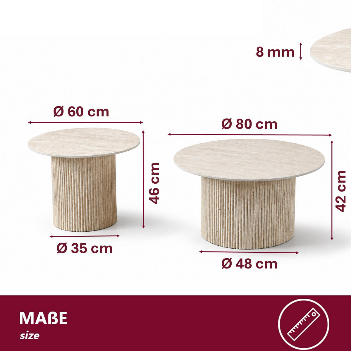 COUCHTISCH-SET Keramik rund 2-tlg. Trommelgestell Travertin-Optik 80 & 60 cm - Sandfarben/Weiß, Keramik/Metall (80/80/46cm) - HOOZ