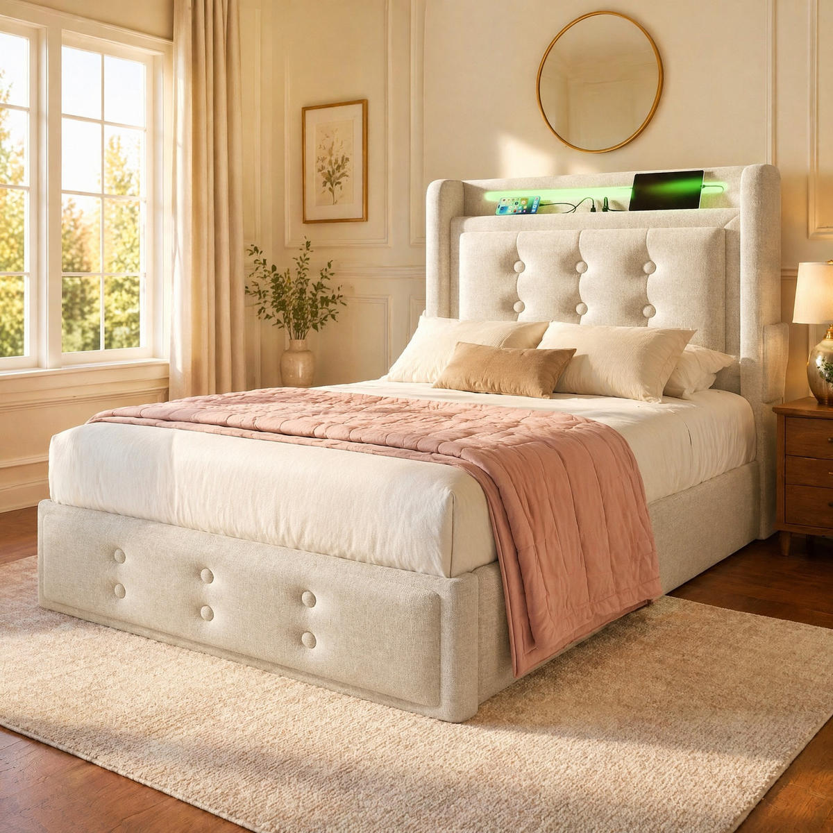 POLSTERBETT 90/200 mit Bettkasten, LED und USB in Beige - Beige, Holzwerkstoff/Textil (90/200cm) - EVRYAE