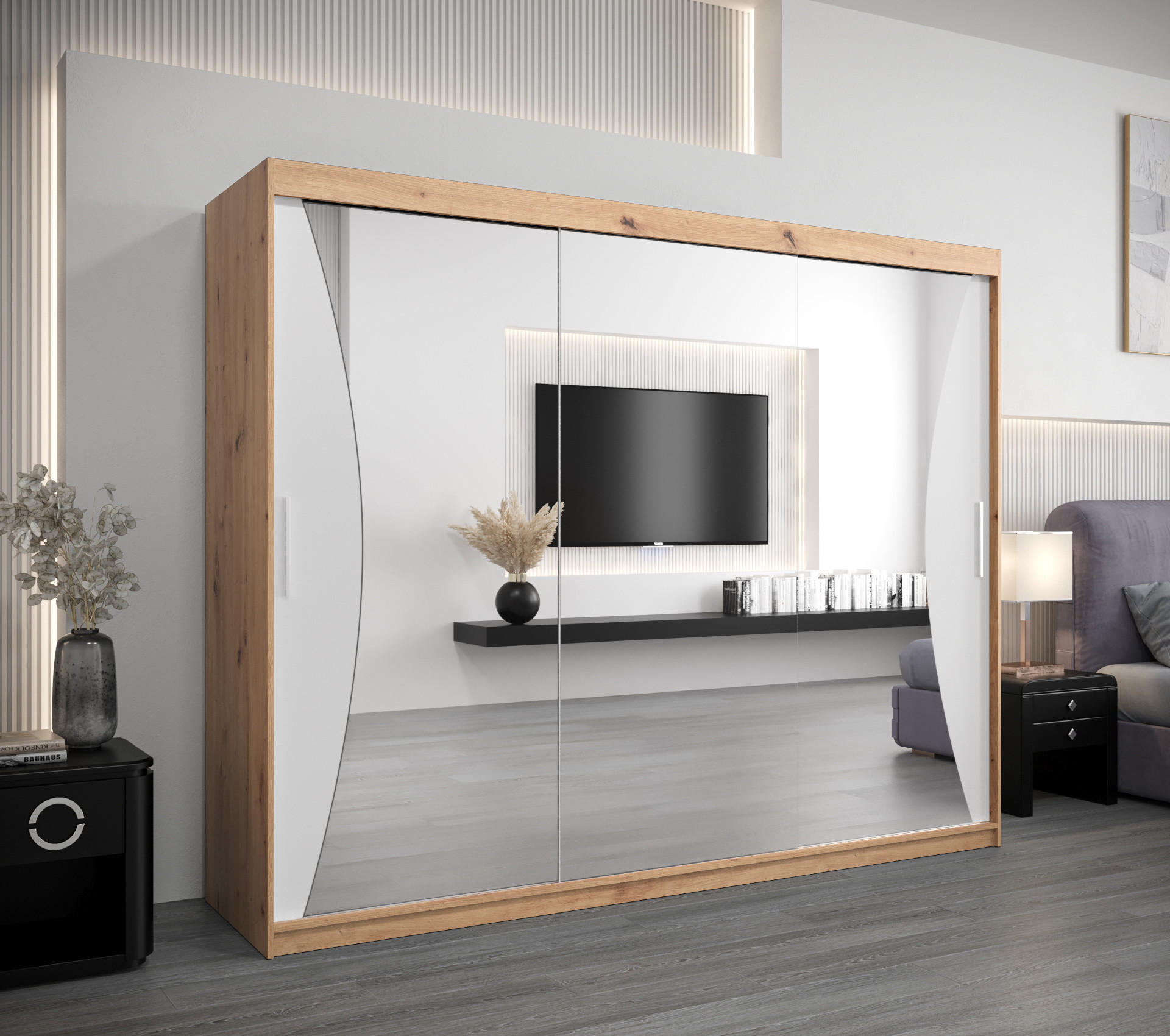 SCHWEBETÜRENSCHRANK 200/250/62 3-türig - Silberfarben/Weiß, Holz/Kunststoff (250/200/62cm) - Abiks Möbel