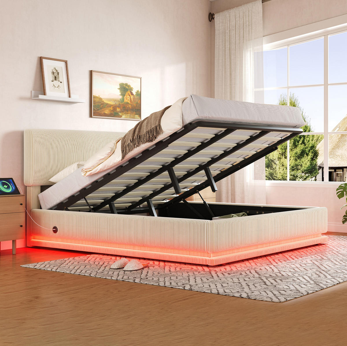 POLSTERBETT 180/200 cm mit LED-Beleuchtung, USB-C-Anschluss, höhenverstellbarem Kopfteil und Stauraum, Beige - Beige, Textil (180/200cm) - Redom