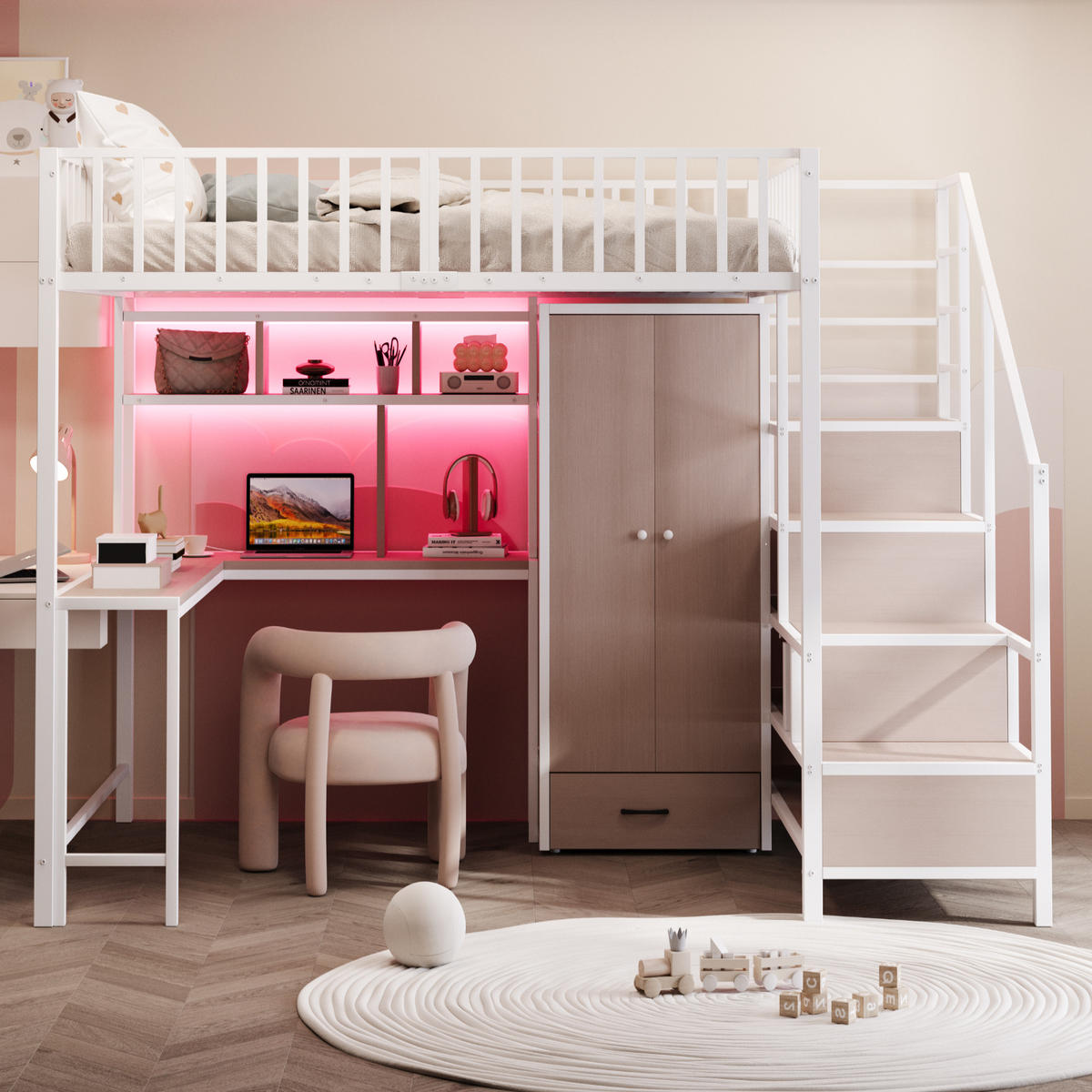 HOCHBETT 140/200 cm weiß aus Metall mit Schreibtisch Regal LED und USB - Weiß, Metall (140/200cm) - OKWISH