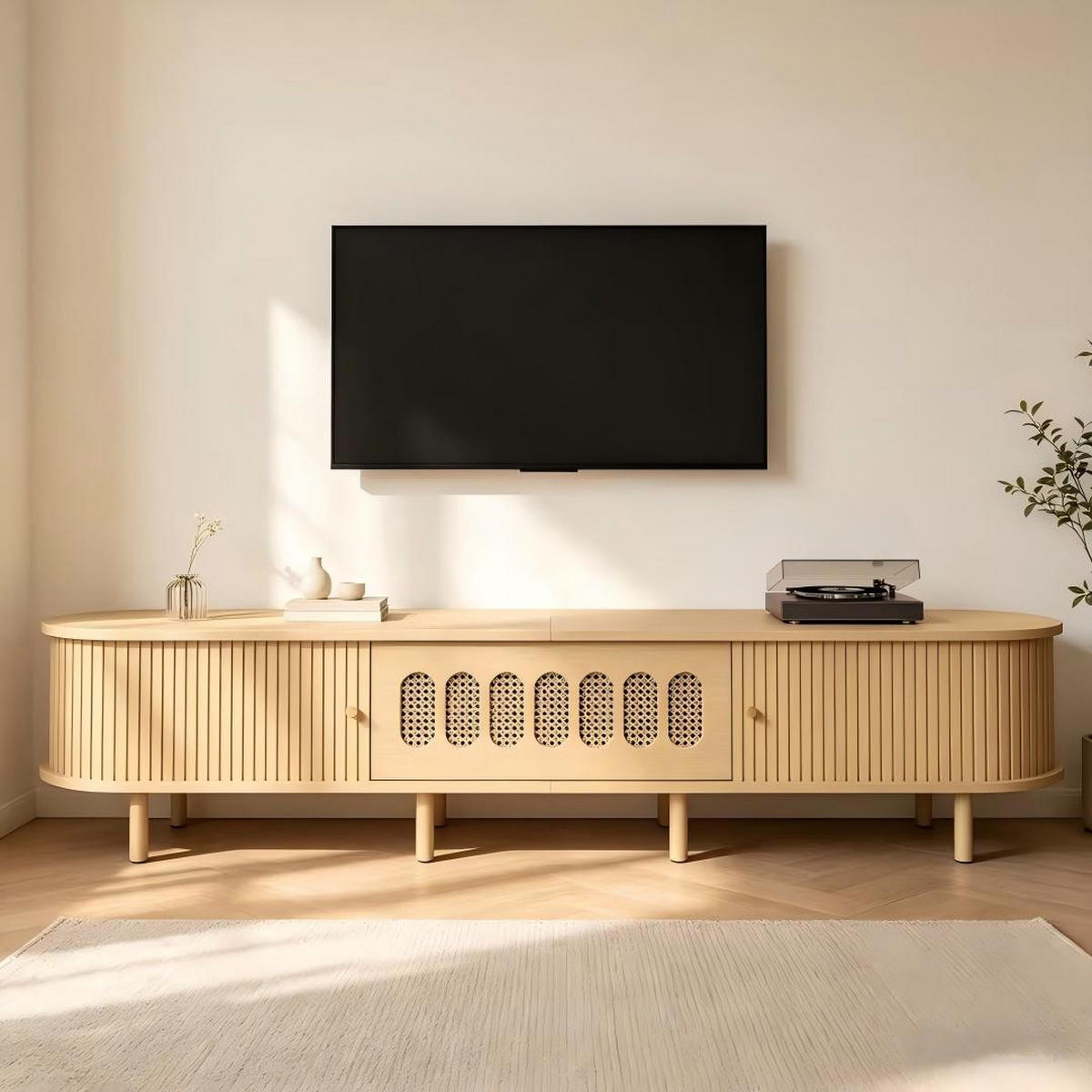 LOWBOARD DE-40410 Klapptür mit Rattan-Design und Rolltüren Helle Holzfarbe - Naturfarben, Holzwerkstoff (180/40/40cm) - ComfortXL