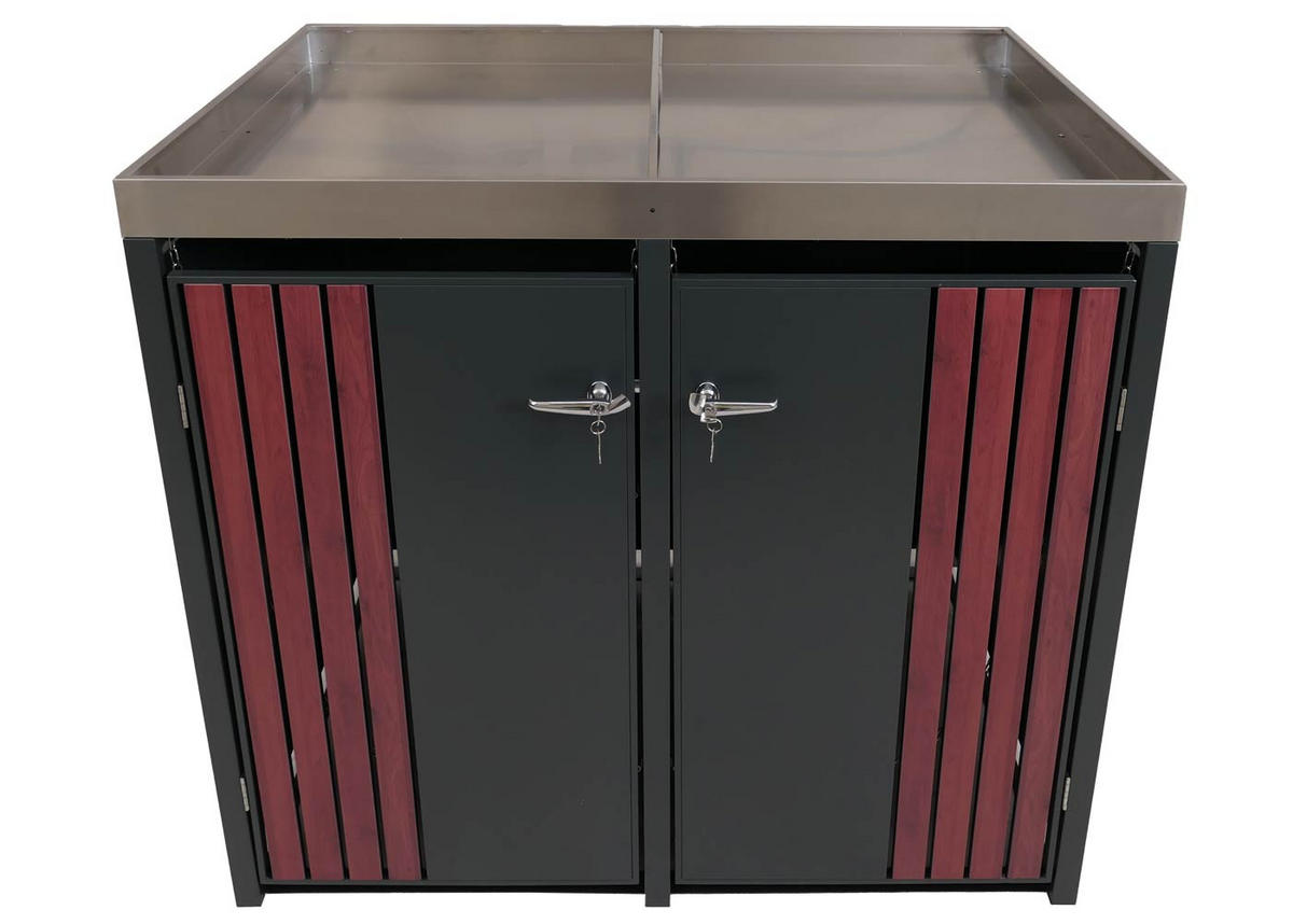 MÜLLTONNENBOX 2er mit Pflanzkasten HxBxT 125x132x84cm Anthrazit Holzoptik dunkel - Anthrazit, Metall (132/125/84cm) - PROREGAL
