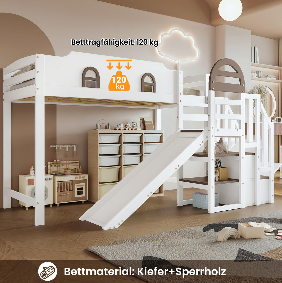 ETAGENBETT 90/200 cm in Weiß mit Rutsche, Stauraumtreppe und Fenstern - Weiß, Holzwerkstoff (90/200cm) - OKMYHOME