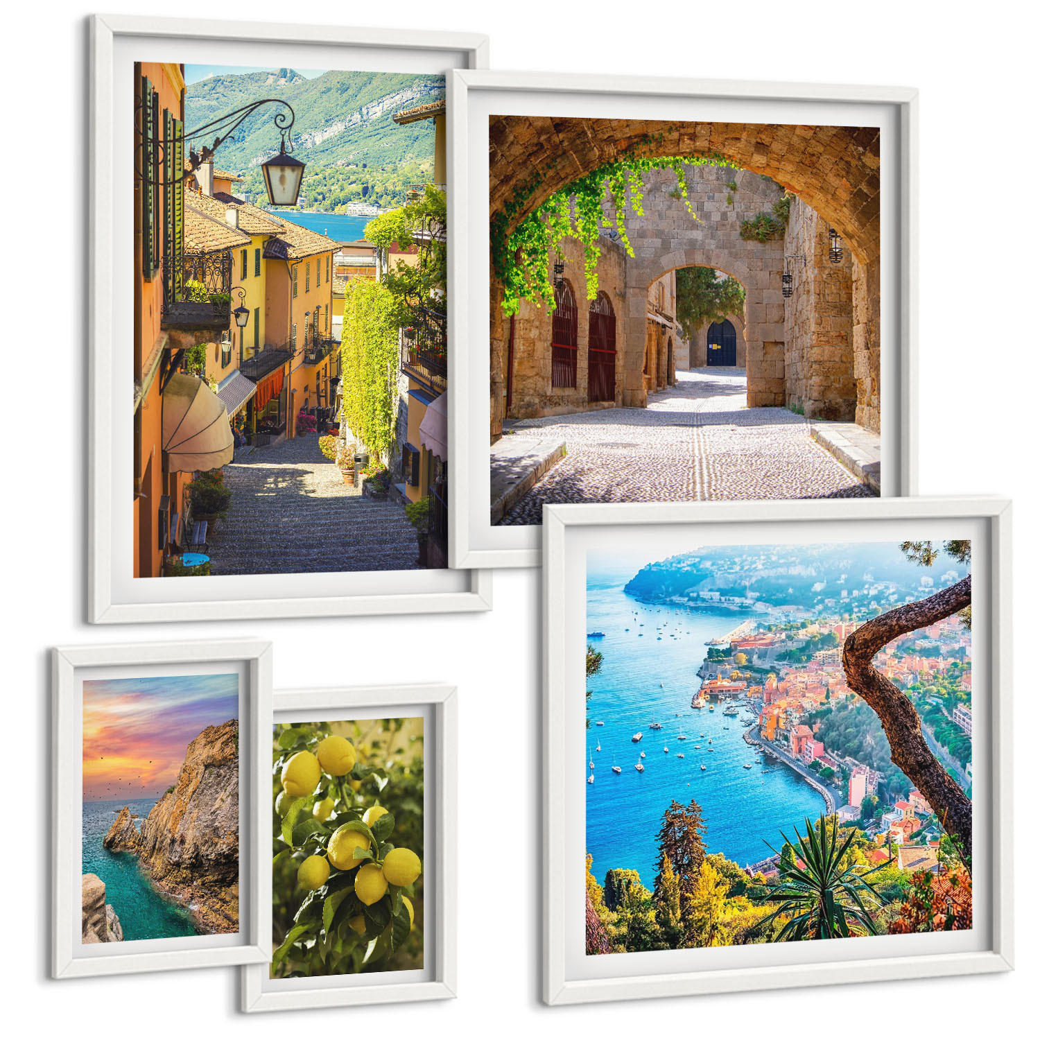 BILDER SET 5er Set - 50x50 cm & 20x30 cm & 40x60 cm Weißer Rahmen - Bezaubernde Straßen voller Zitronenblüten - Weiß, Kunststoff (40/60cm) - TULUP